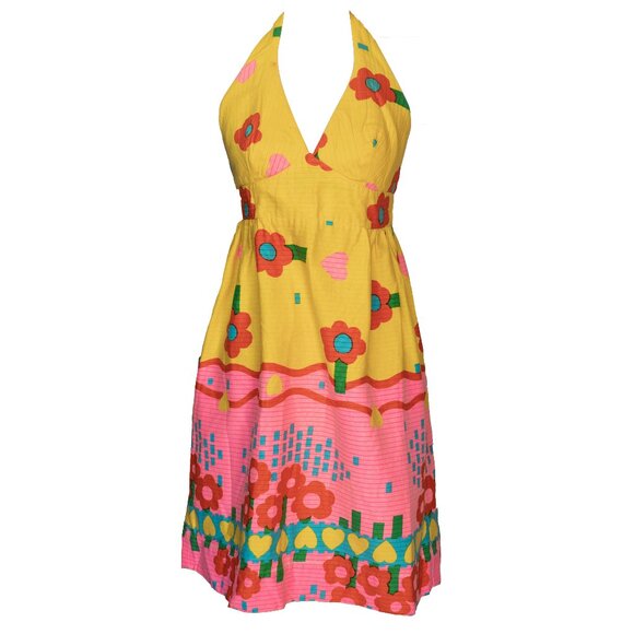 Vintage 60s Malia Honolulu Mini Dress Mod Floral Bright Neon Beach Cover Halter - Picture 8 of 14
